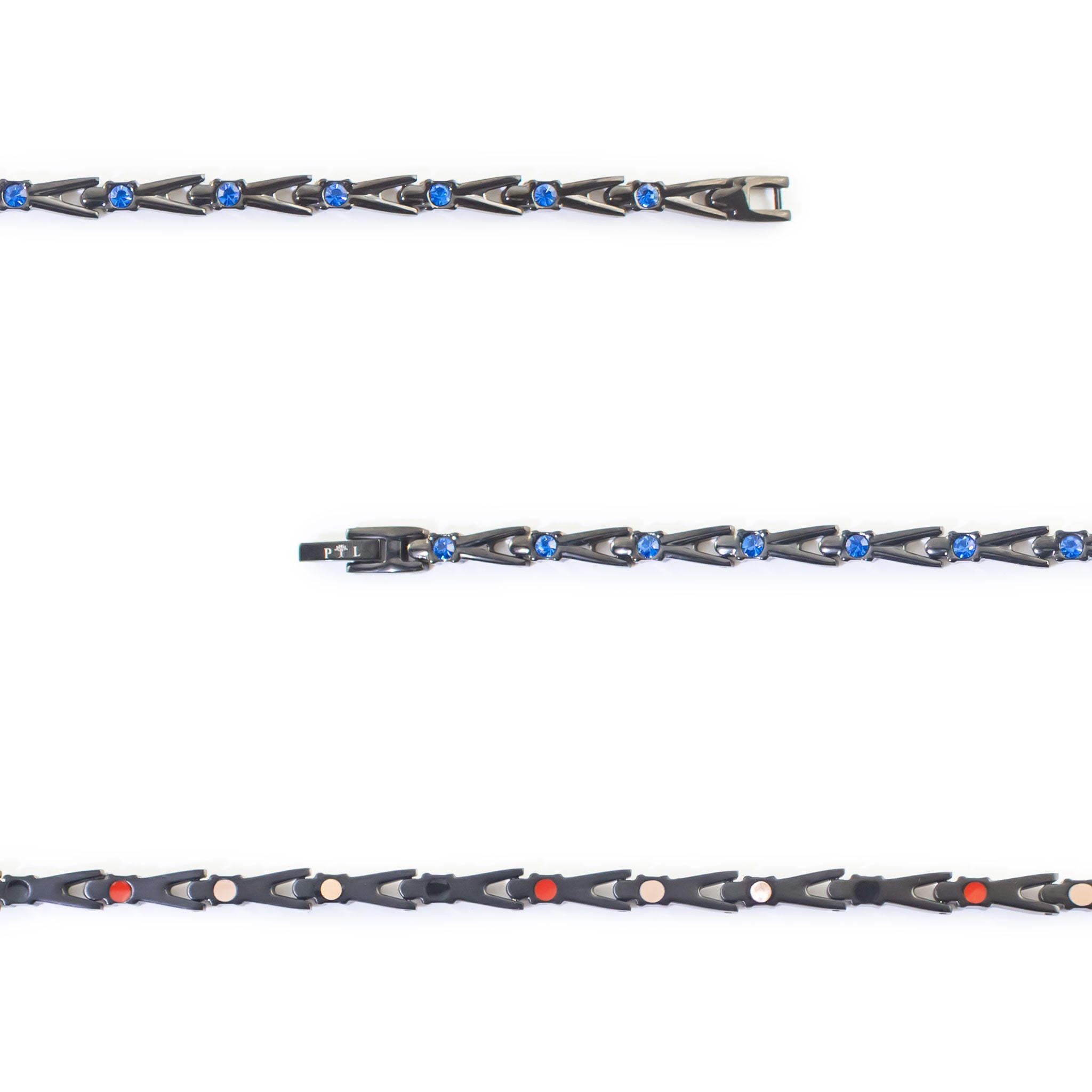 Close-up of Cobalt Blue bracelet showing royal blue crystals and interlocking black titanium links.