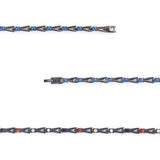 Close-up of Cobalt Blue bracelet showing royal blue crystals and interlocking black titanium links.