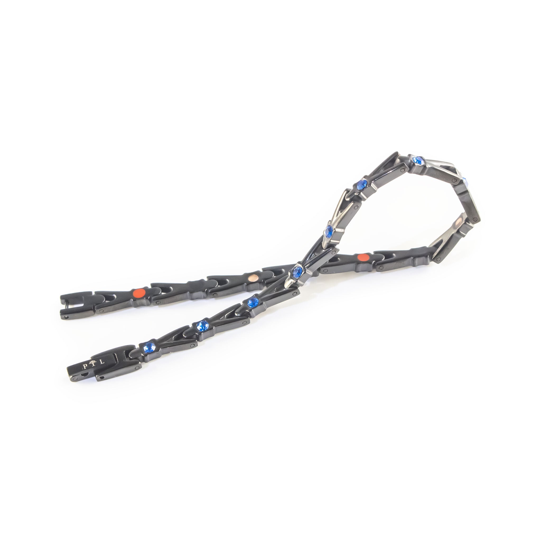 Cobalt Blue bracelet unclasped and folded to display black link design and blue crystal accents.