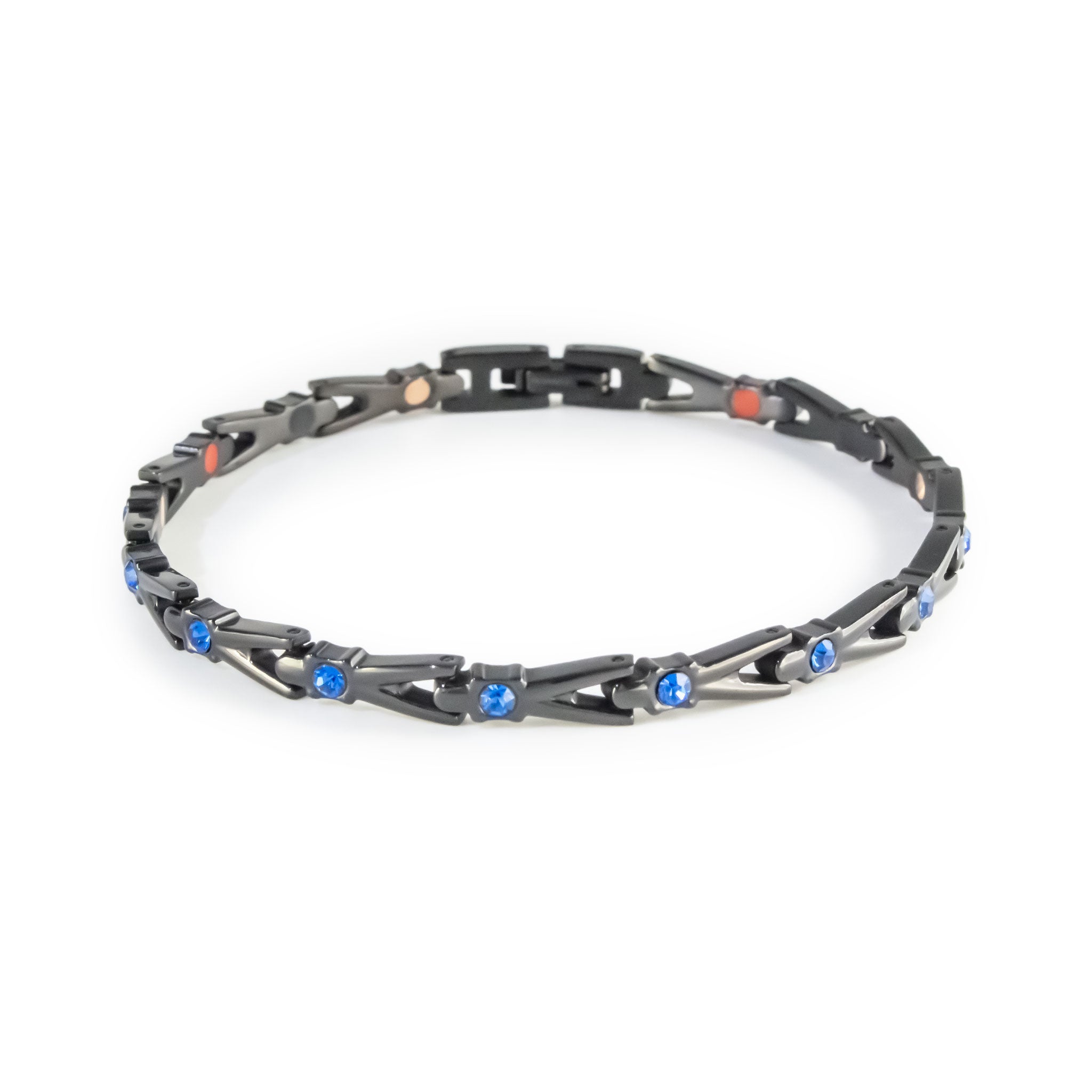 Cobalt Blue black titanium bracelet with royal blue crystals clasped front view.