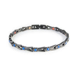 Cobalt Blue black titanium bracelet with royal blue crystals clasped front view.