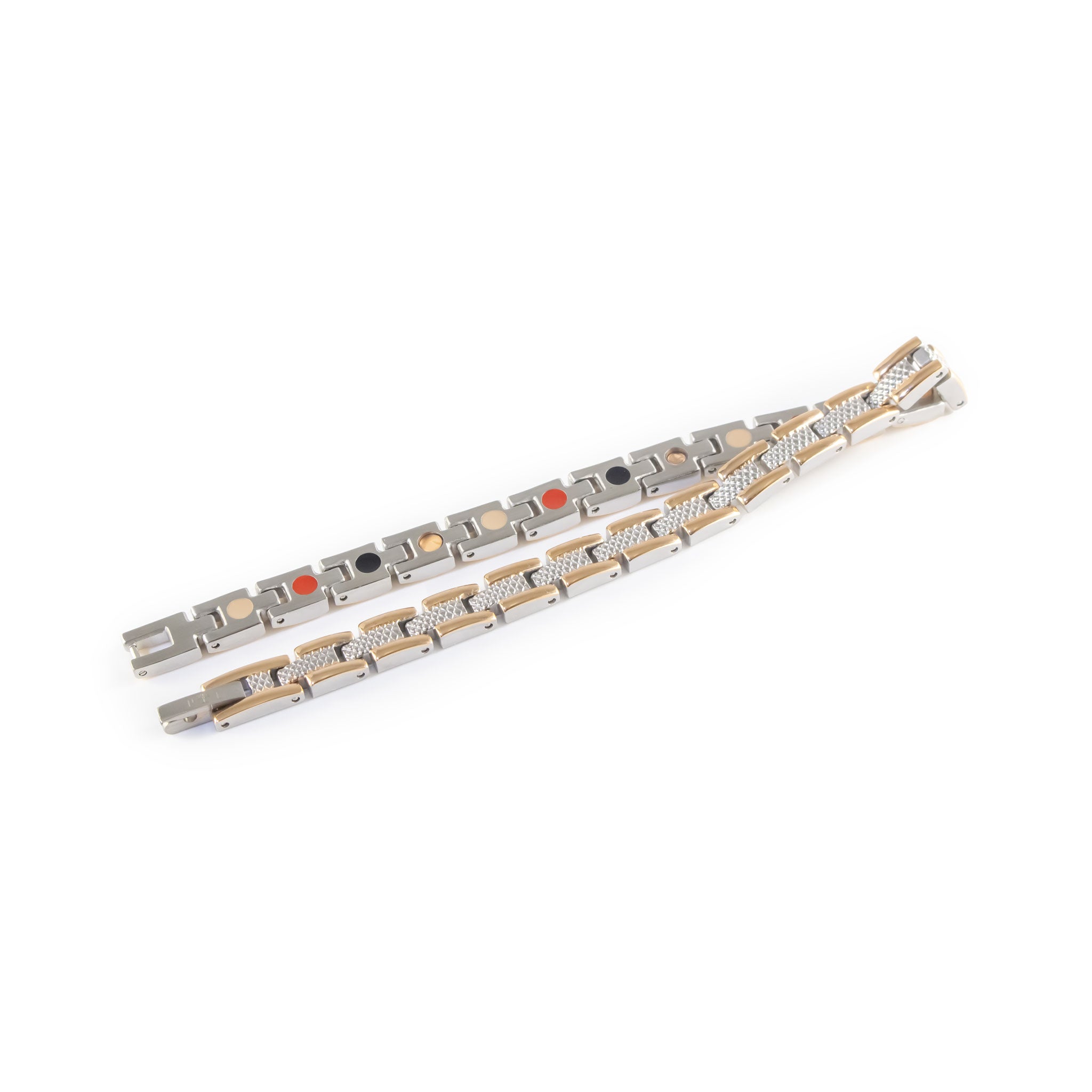 Continuum negative ion bracelet with stainless steel and rose gold, unclasped and folded for display.
