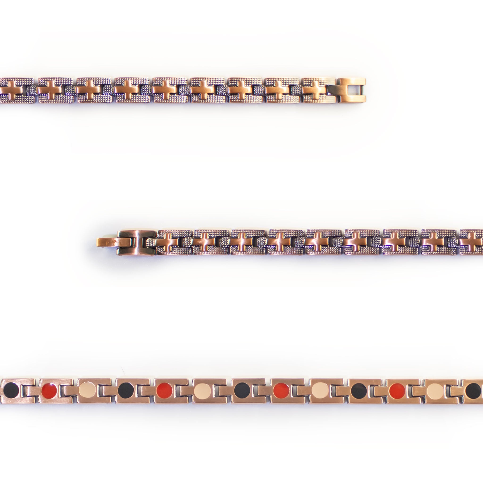 Close-up of Crossroads copper negative ion bracelet showing cross pattern details