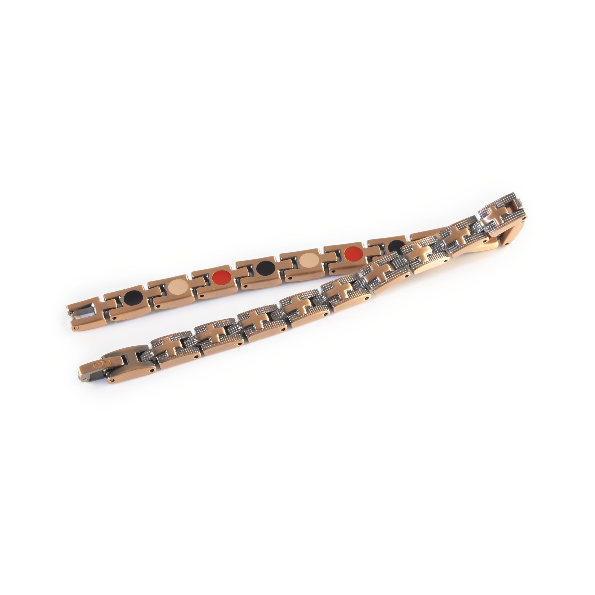 Crossroads copper negative ion bracelet folded unclasped to display cross pattern links