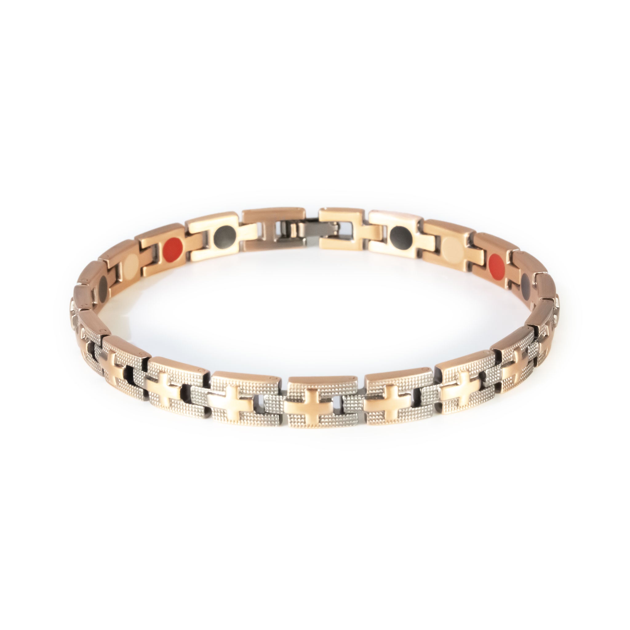 Crossroads copper negative ion bracelet clasped front view, slim unisex design with cross pattern