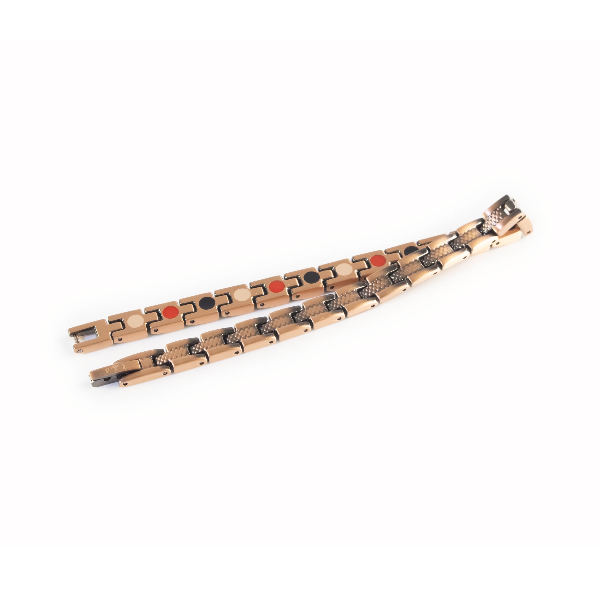 Ember copper negative ion bracelet, unclasped and folded for display.
