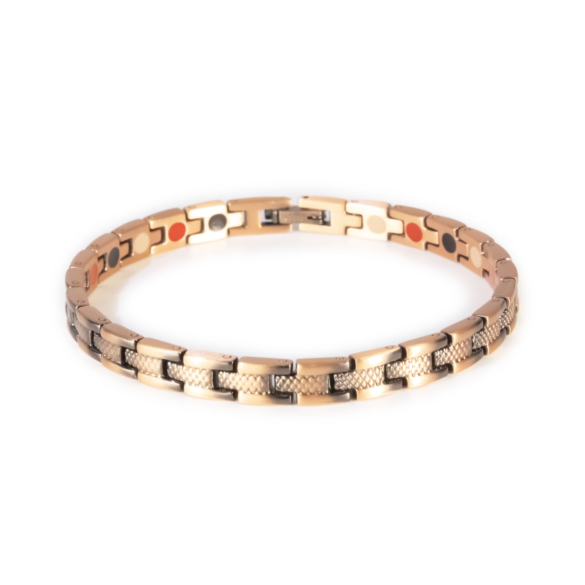 Ember copper negative ion bracelet with cross-hatched etched design, front clasped view.