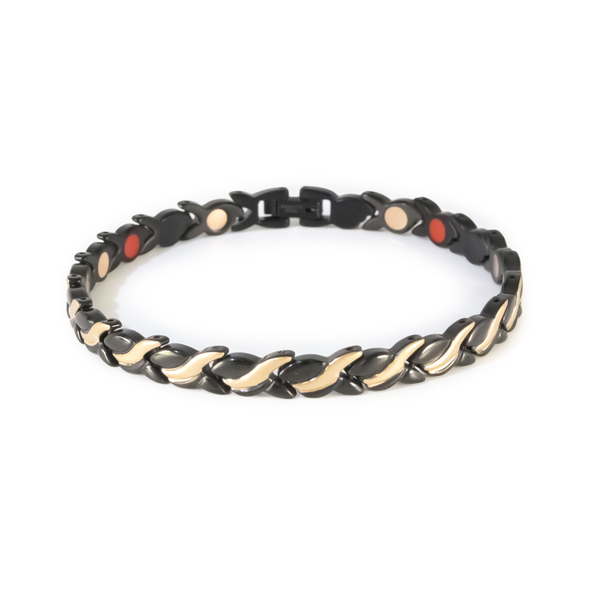 Ethereal black steel with rose gold waves negative ion bracelet clasped front view.