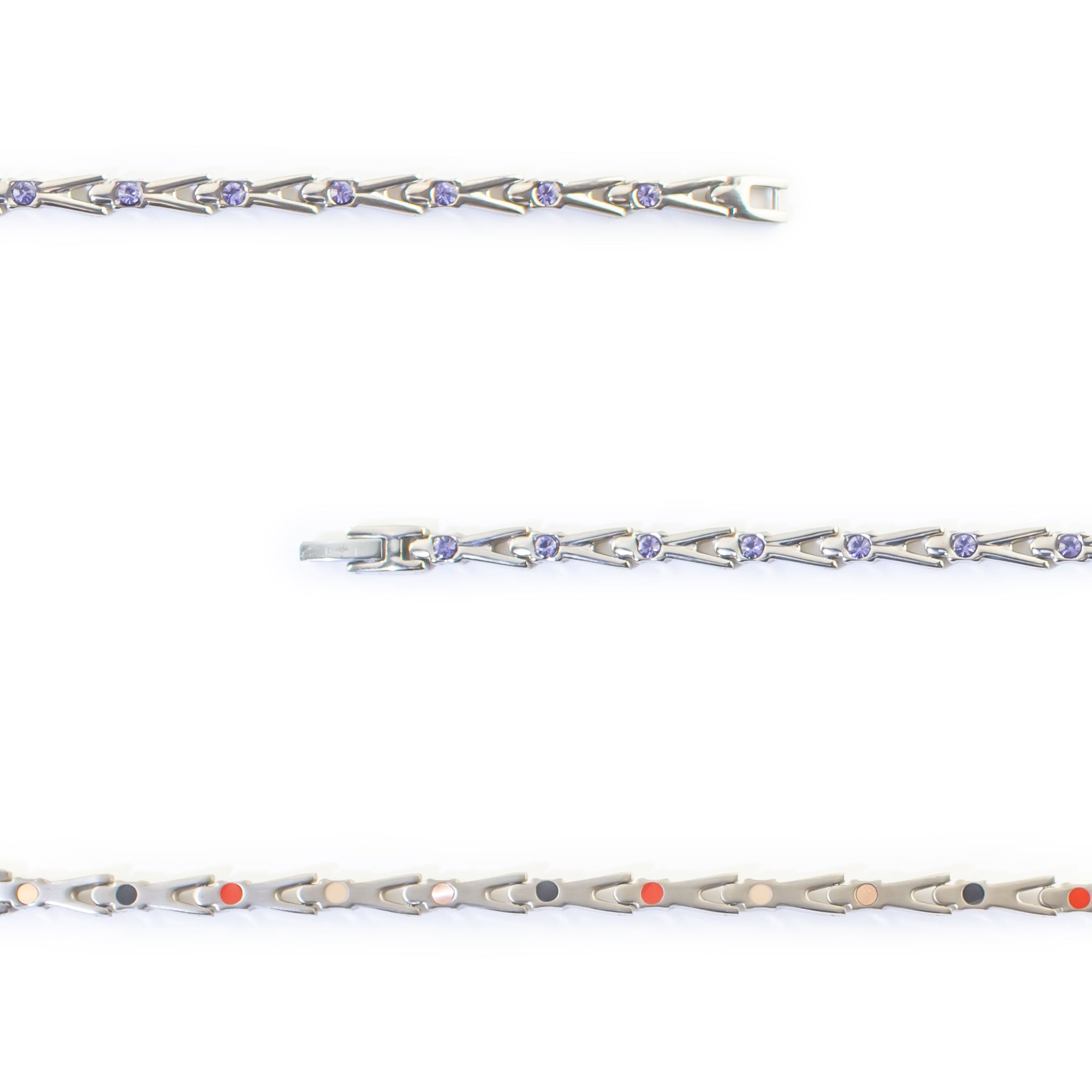 Close-up of Evermore bracelet showing purple crystals and slim interlocking titanium links.