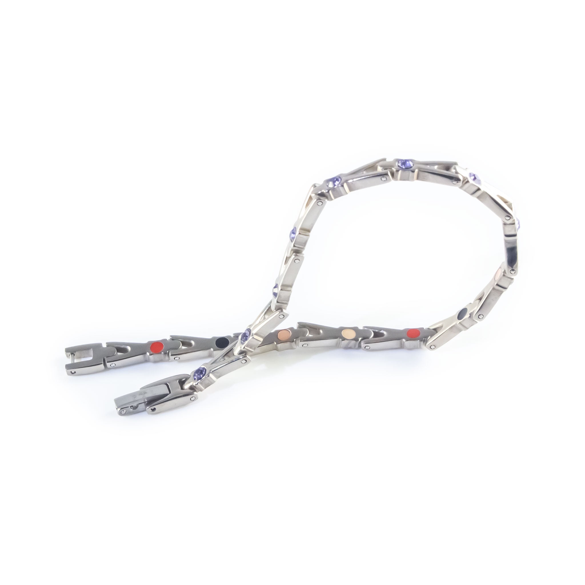 Evermore bracelet unclasped and folded to display interlocking links and crystal accents.