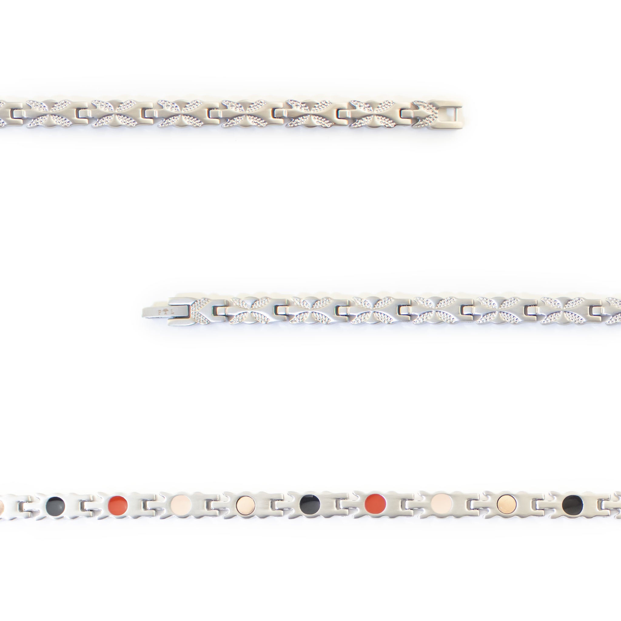 Close-up of Flight negative ion bracelet links with matte stainless steel to show detail.