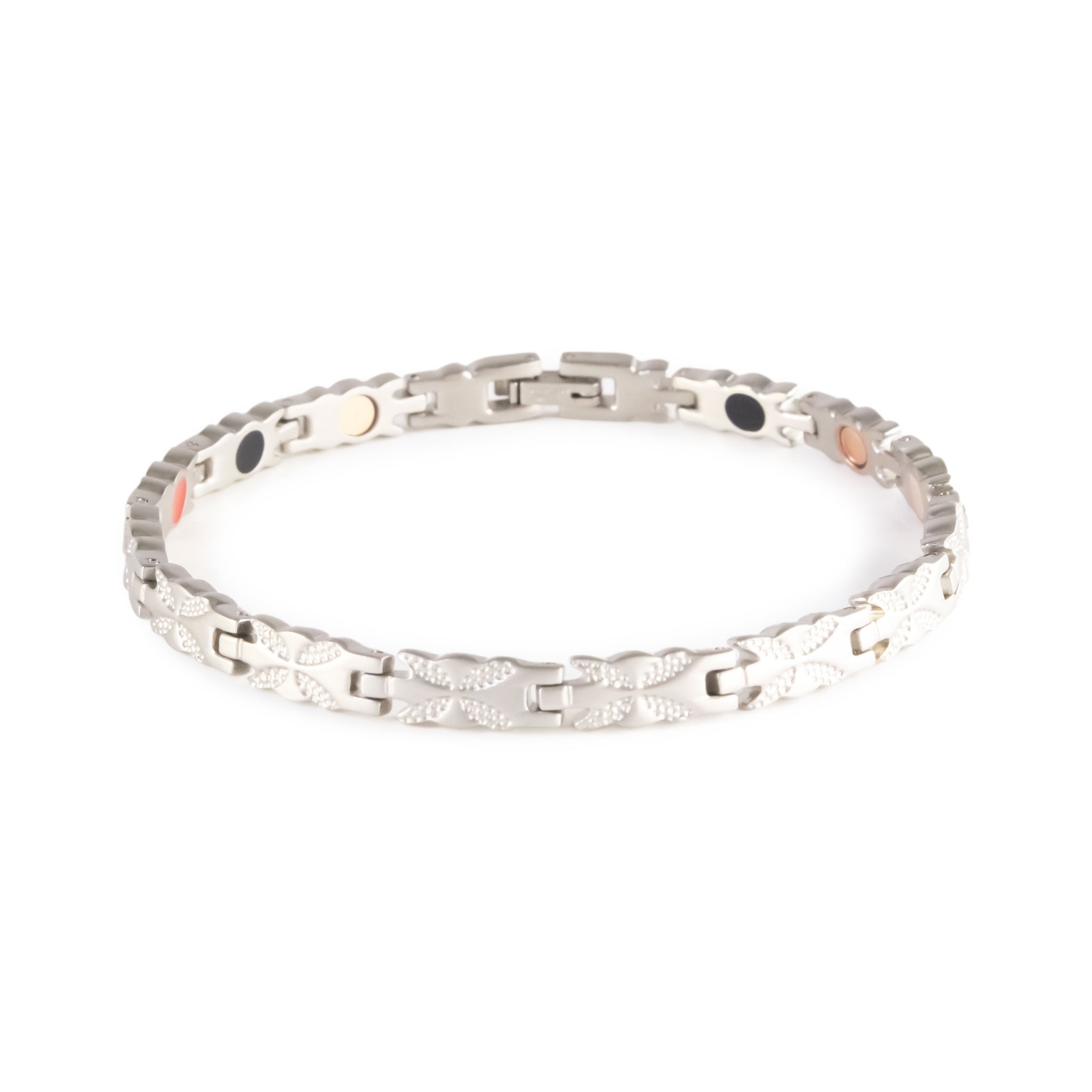 Flight negative ion bracelet with matte stainless steel links, front clasped view.