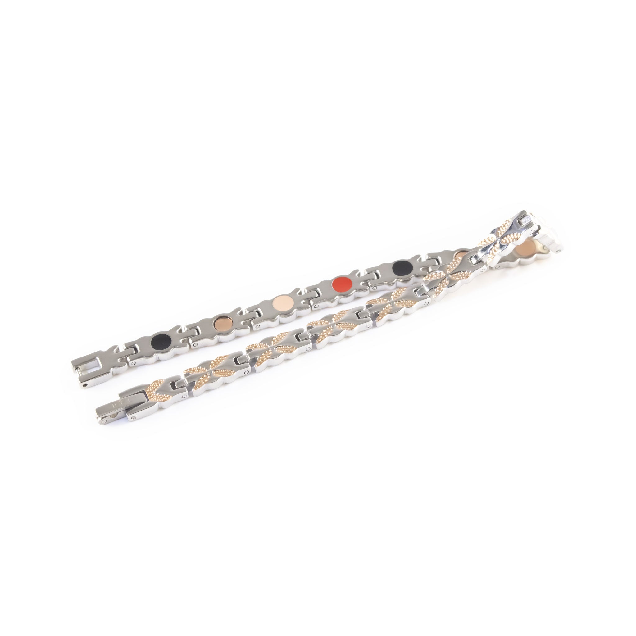 Flutter negative ion bracelet with stainless steel and rose gold, unclasped and folded for display.