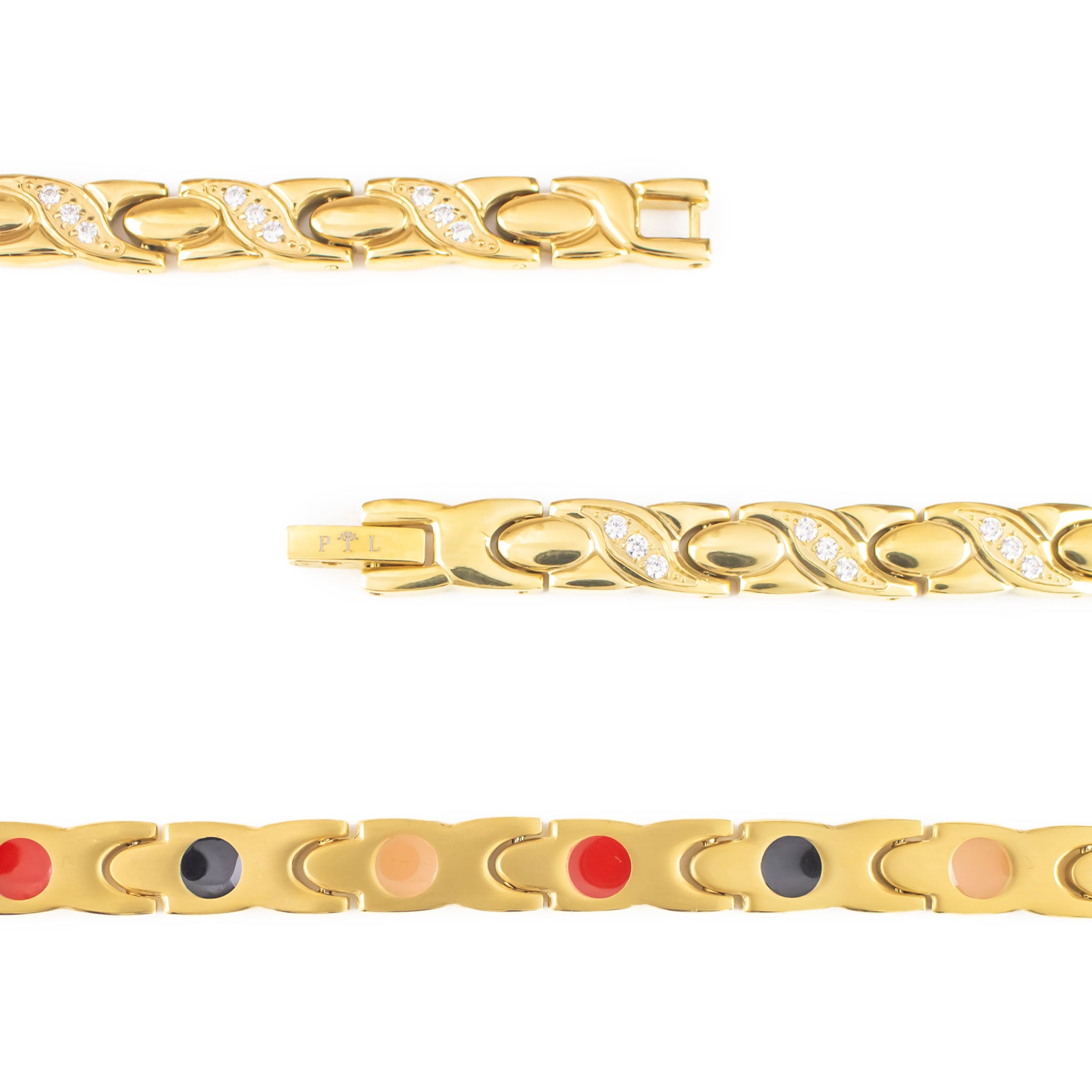 Close-up of Glistening Star bracelet showing gold-plated X-shaped links and three crystal accents on each cross.