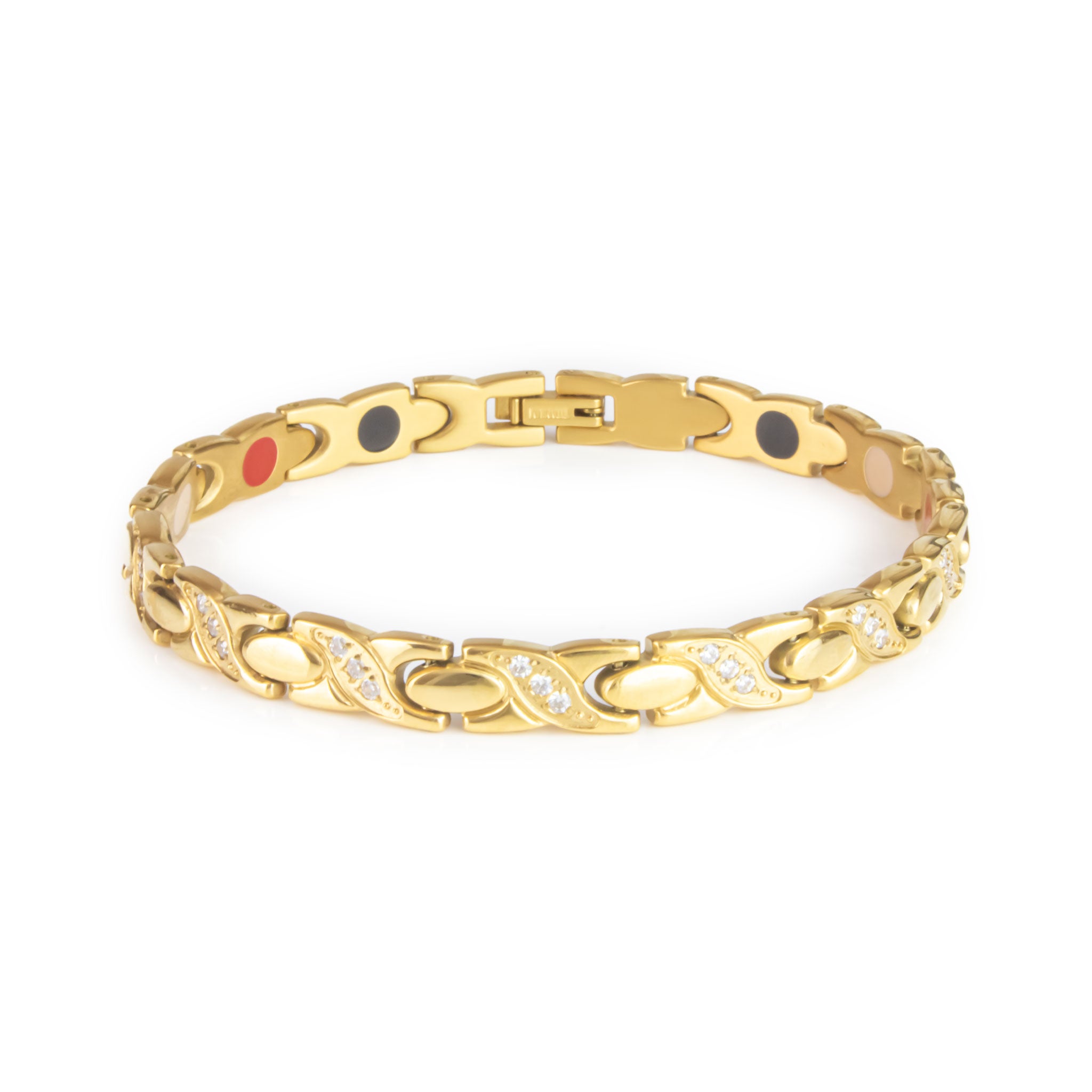 Glistening Star gold titanium bracelet, front view showing X-shaped links with sparkling crystal gems.