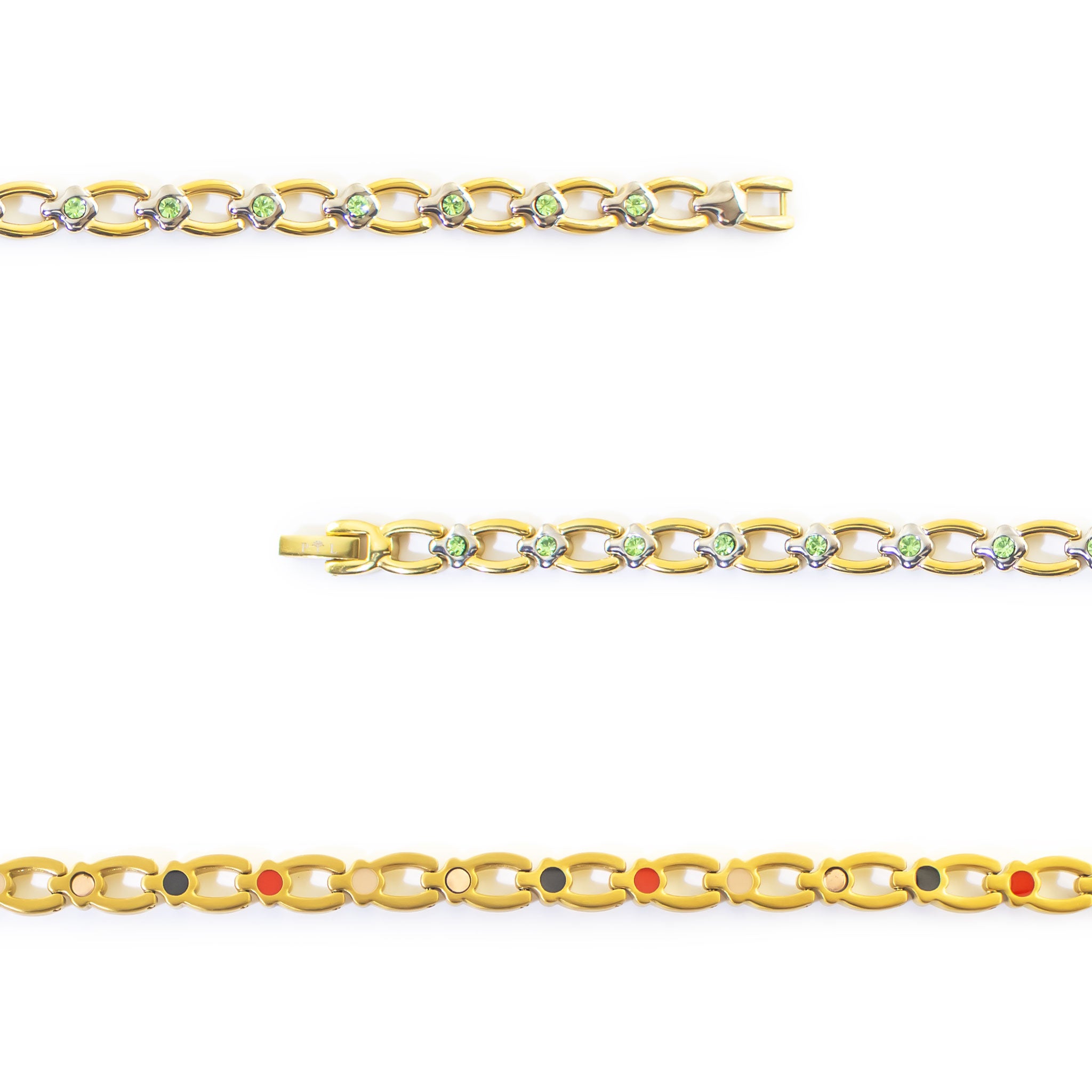 Close-up of Grandeur bracelet showing small green crystals set in polished titanium links.