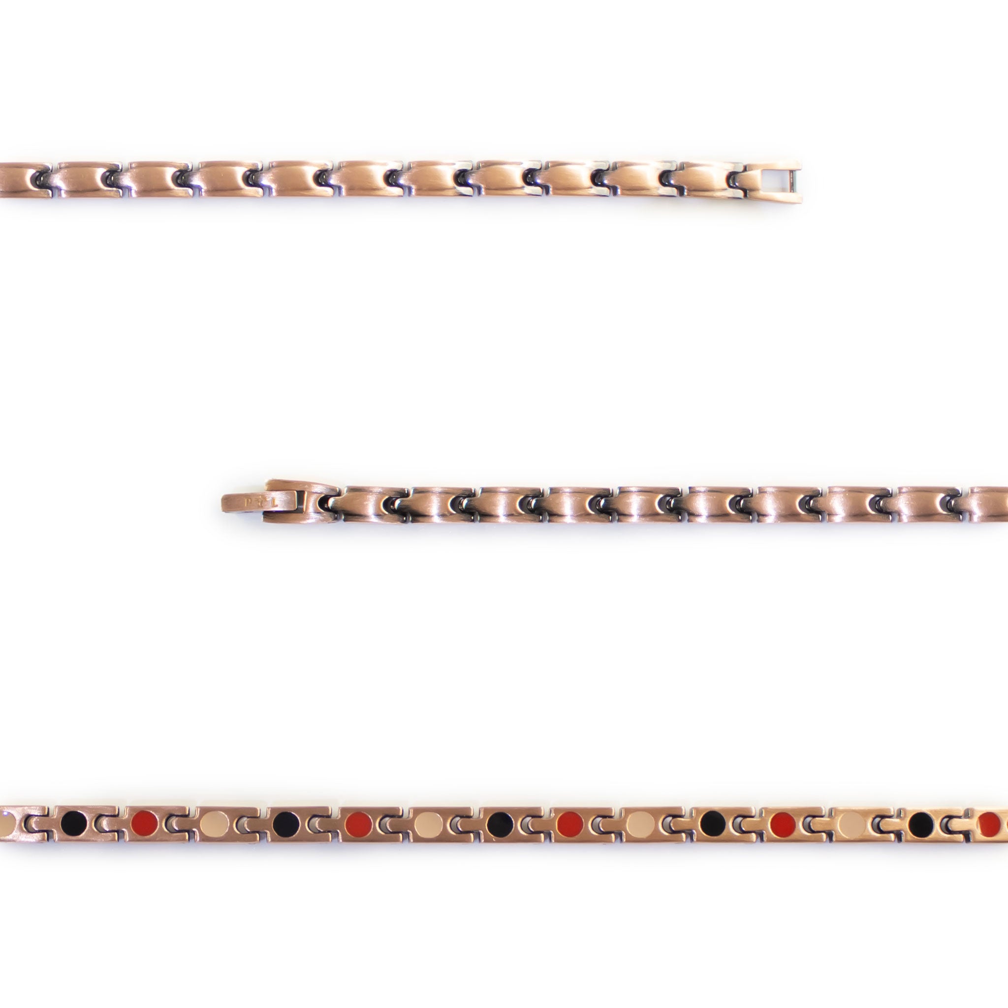 Close-up of Russet copper bracelet showing polished puzzle-like links.