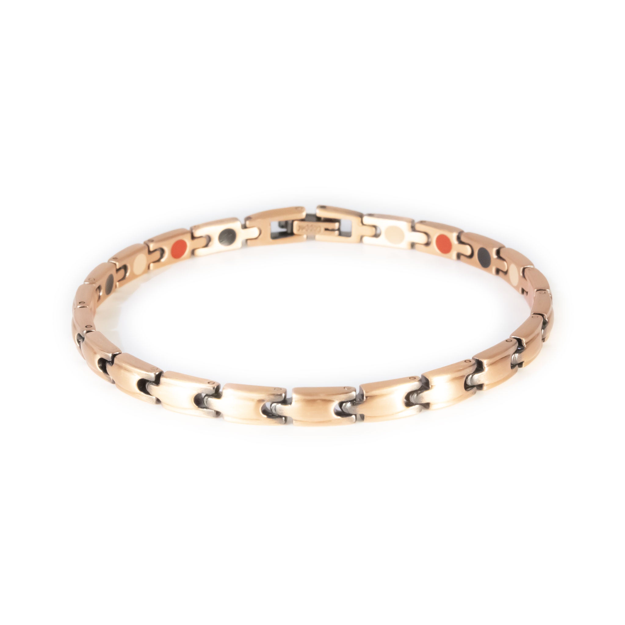 Russet copper negative ion bracelet with interlocking puzzle links, front clasped view.