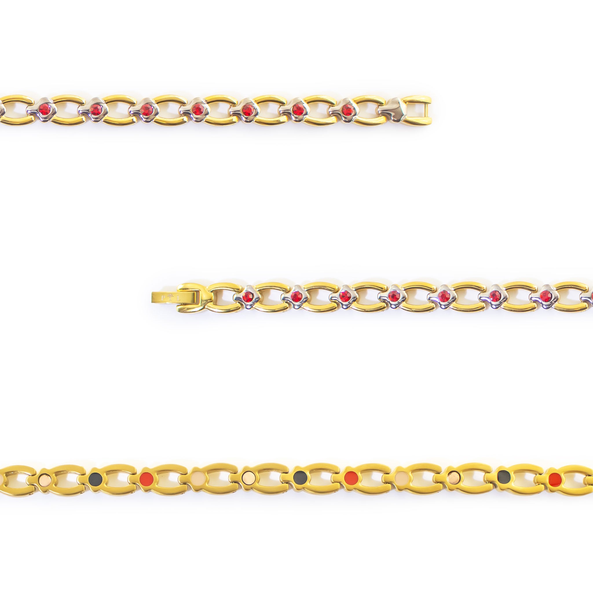 Close-up of Scarlet bracelet showing small red crystals set in polished titanium links.
