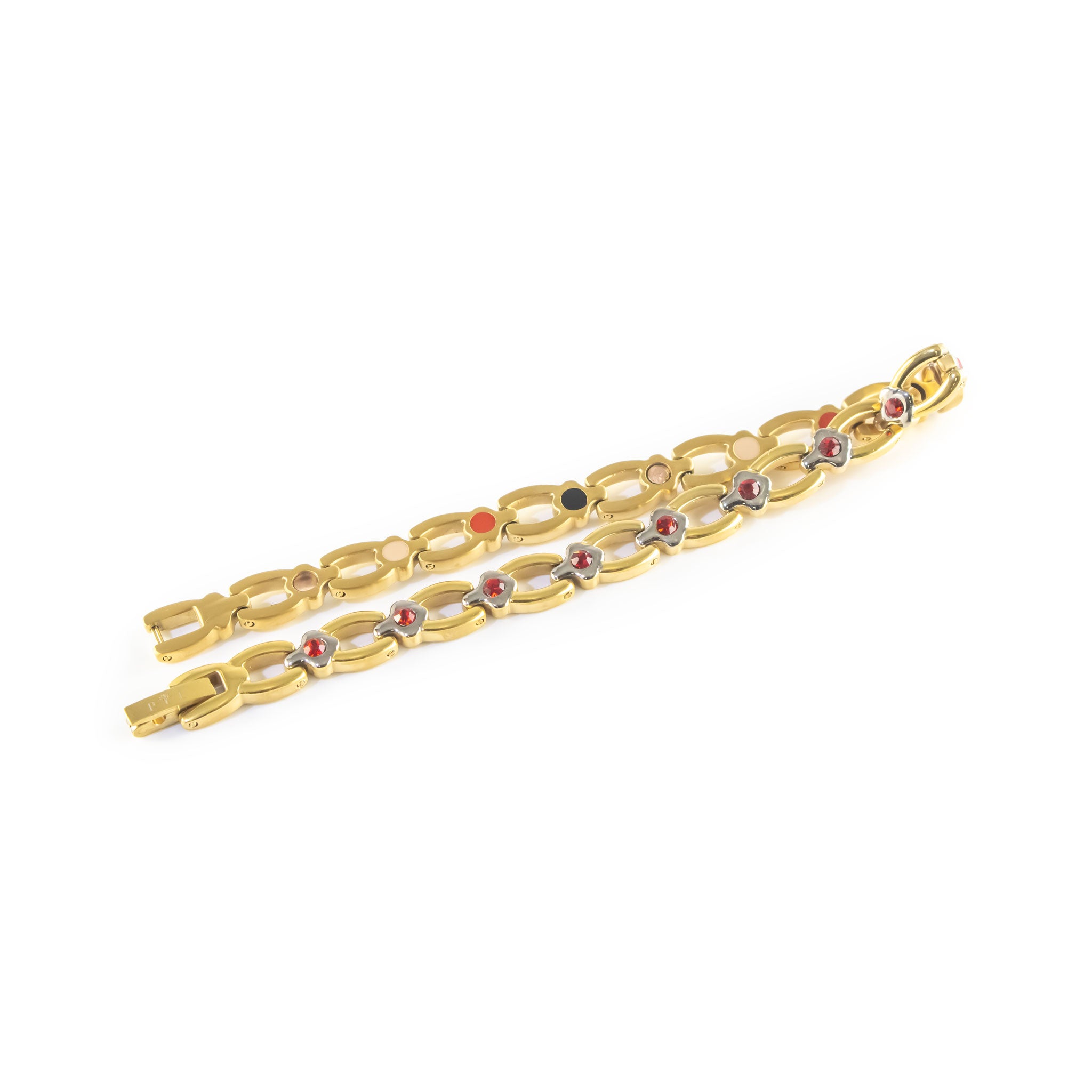 Scarlet bracelet unclasped and folded to display interlocking links and red crystal accents.