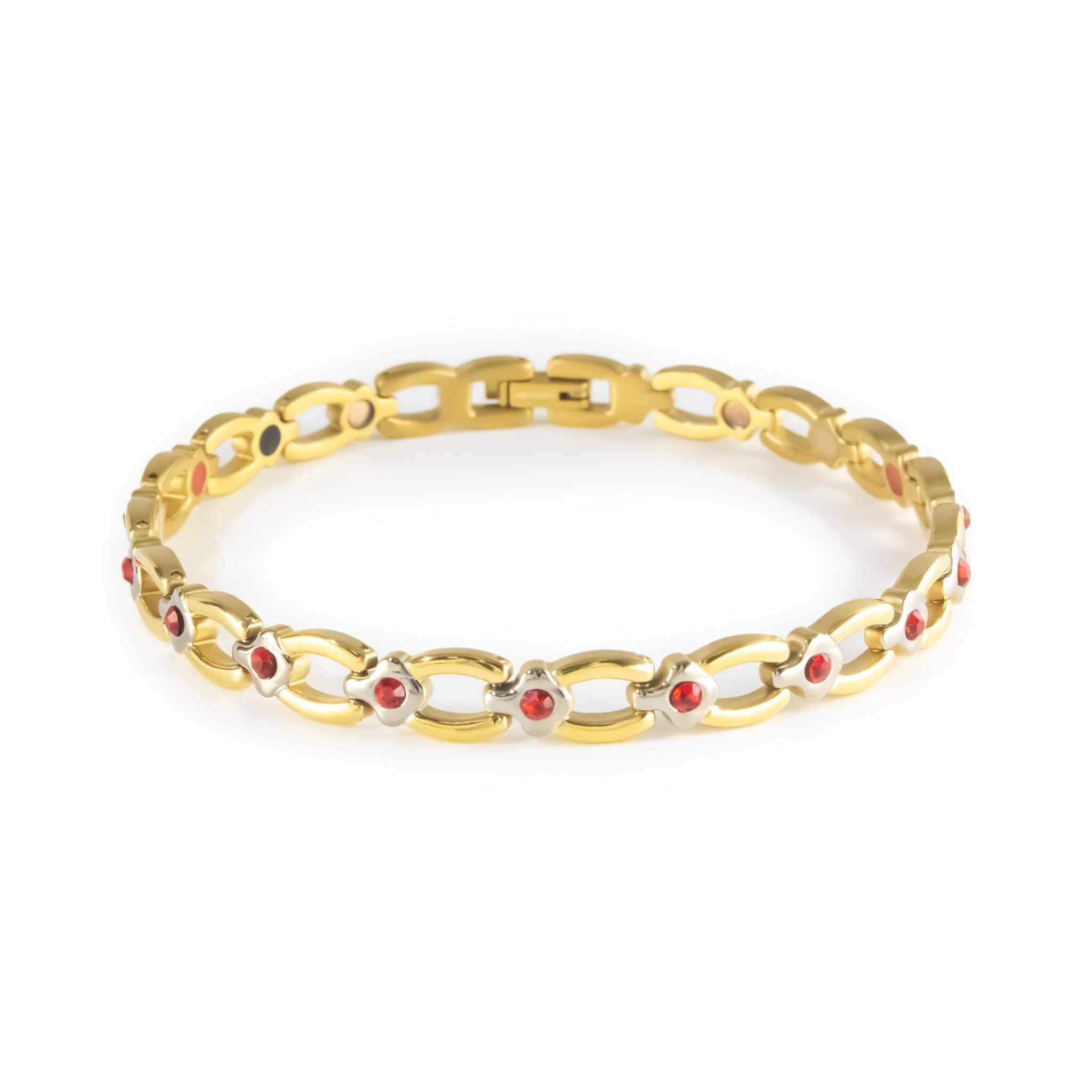 Scarlet gold-plated titanium bracelet with red crystal accents clasped front view.