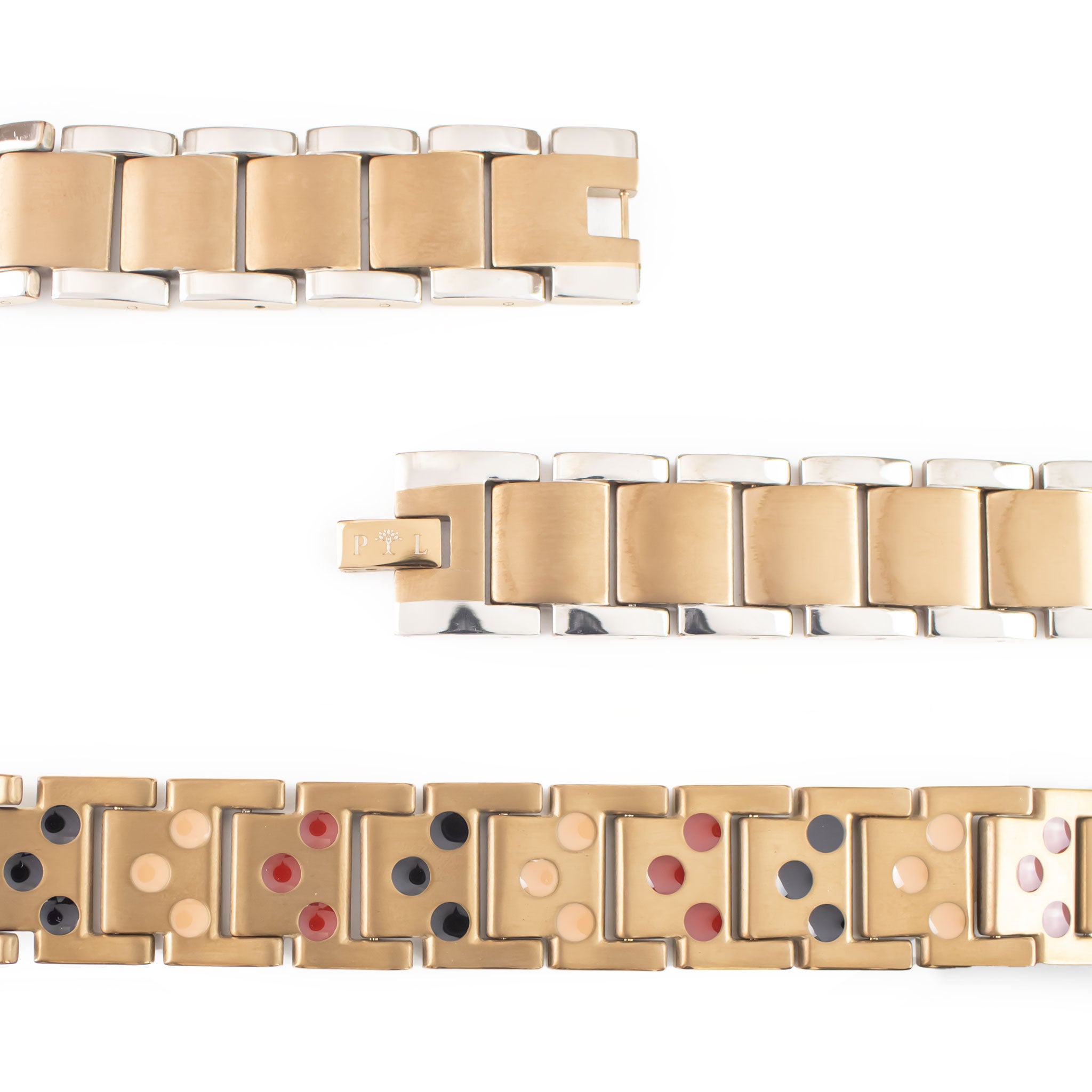Close-up of Secret Spark bracelet showing angular links and embedded negative ion elements.