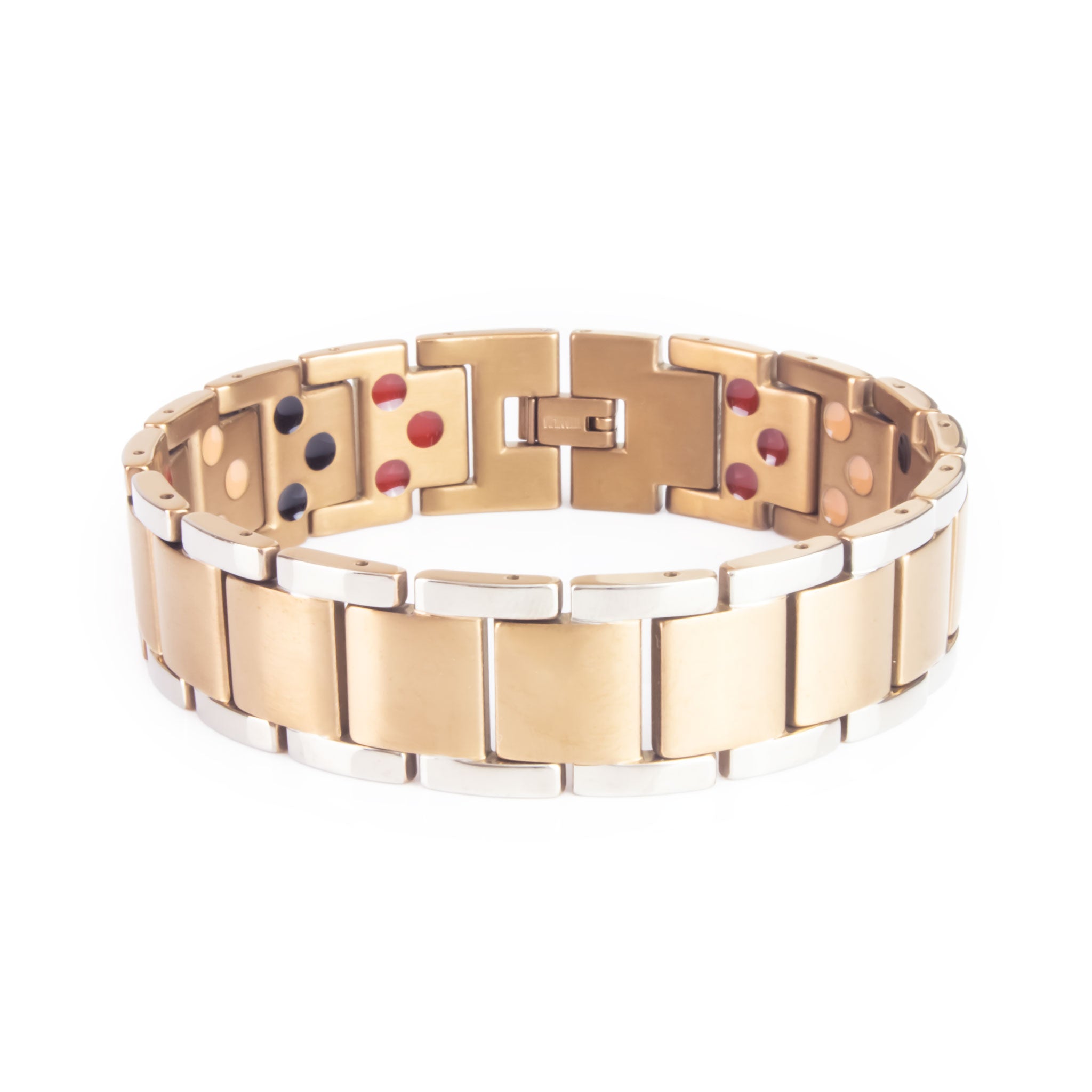 Secret Spark copper-plated titanium bracelet with polished titanium borders clasped front view.