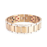 Secret Spark copper-plated titanium bracelet with polished titanium borders clasped front view.