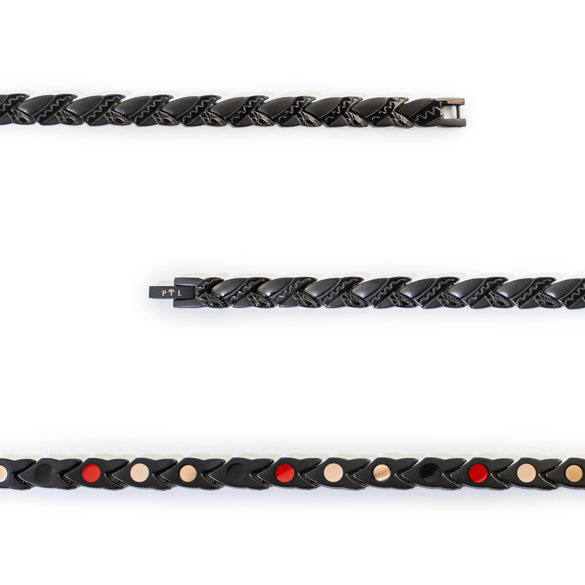 Close-up of Strider negative ion bracelet links with matte black stainless steel to show detail.