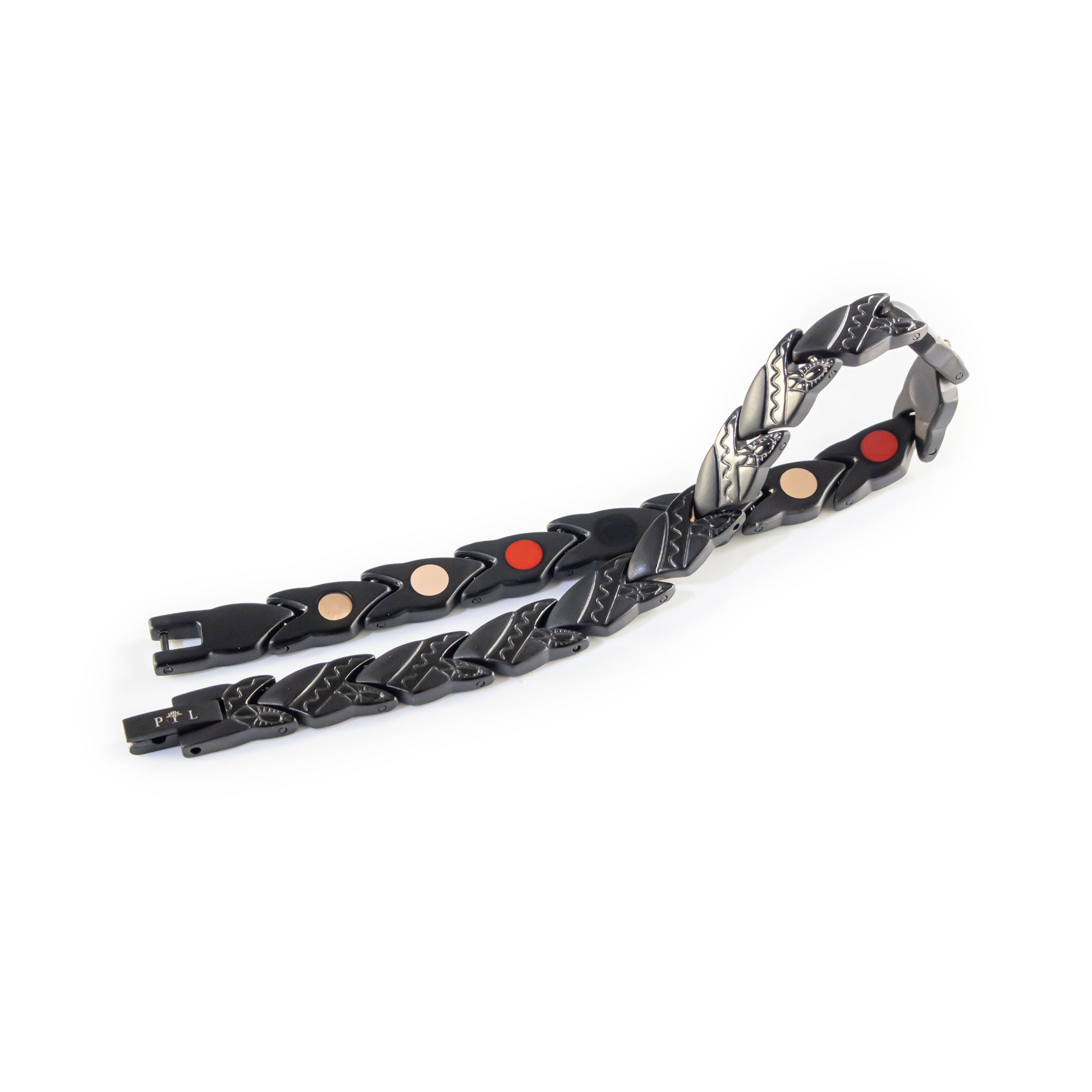 Strider negative ion bracelet with matte black stainless steel, unclasped and folded for display.