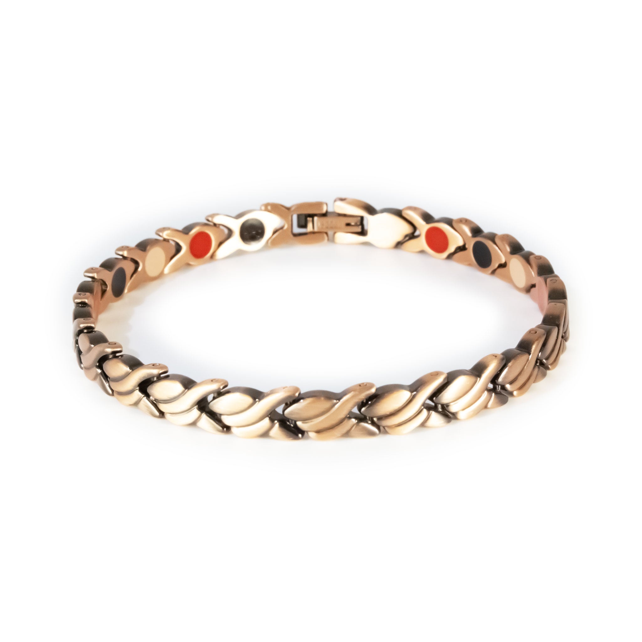 Sundance copper negative ion bracelet with wave-shaped links, front clasped view.