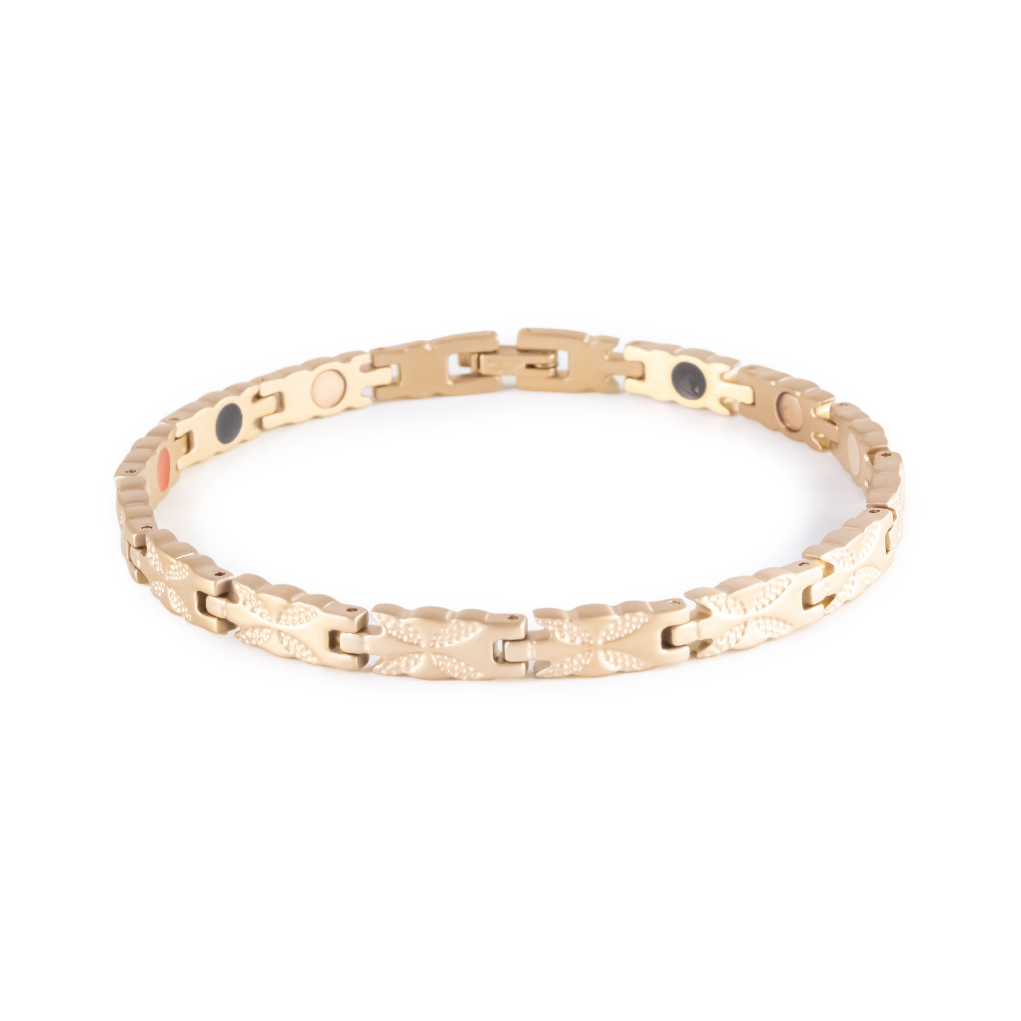 Swift negative ion bracelet with matte rose gold links, front clasped view.