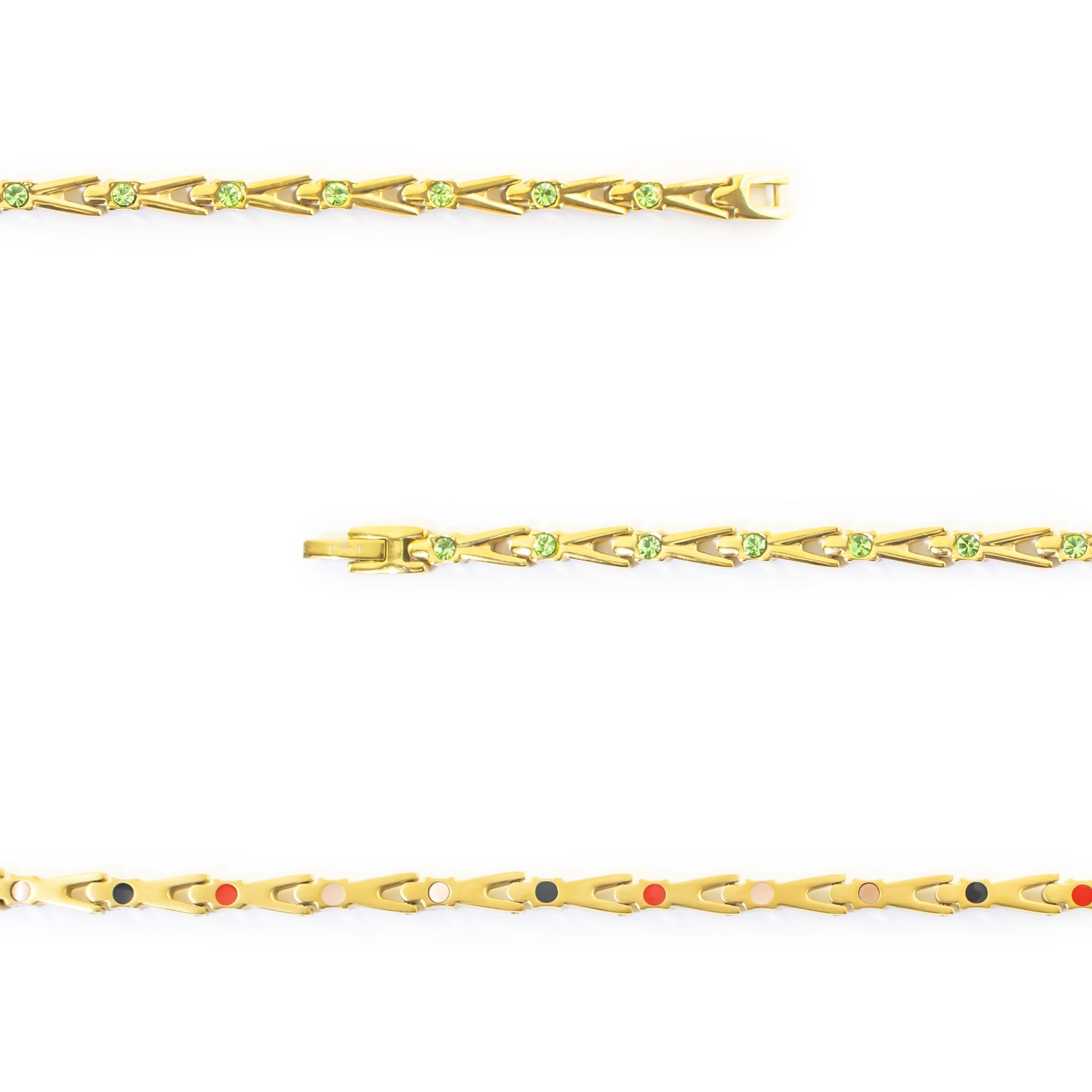Close-up of Vitalis bracelet showing green crystals and interlocking gold-plated titanium links.