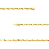 Close-up of Vitalis bracelet showing green crystals and interlocking gold-plated titanium links.