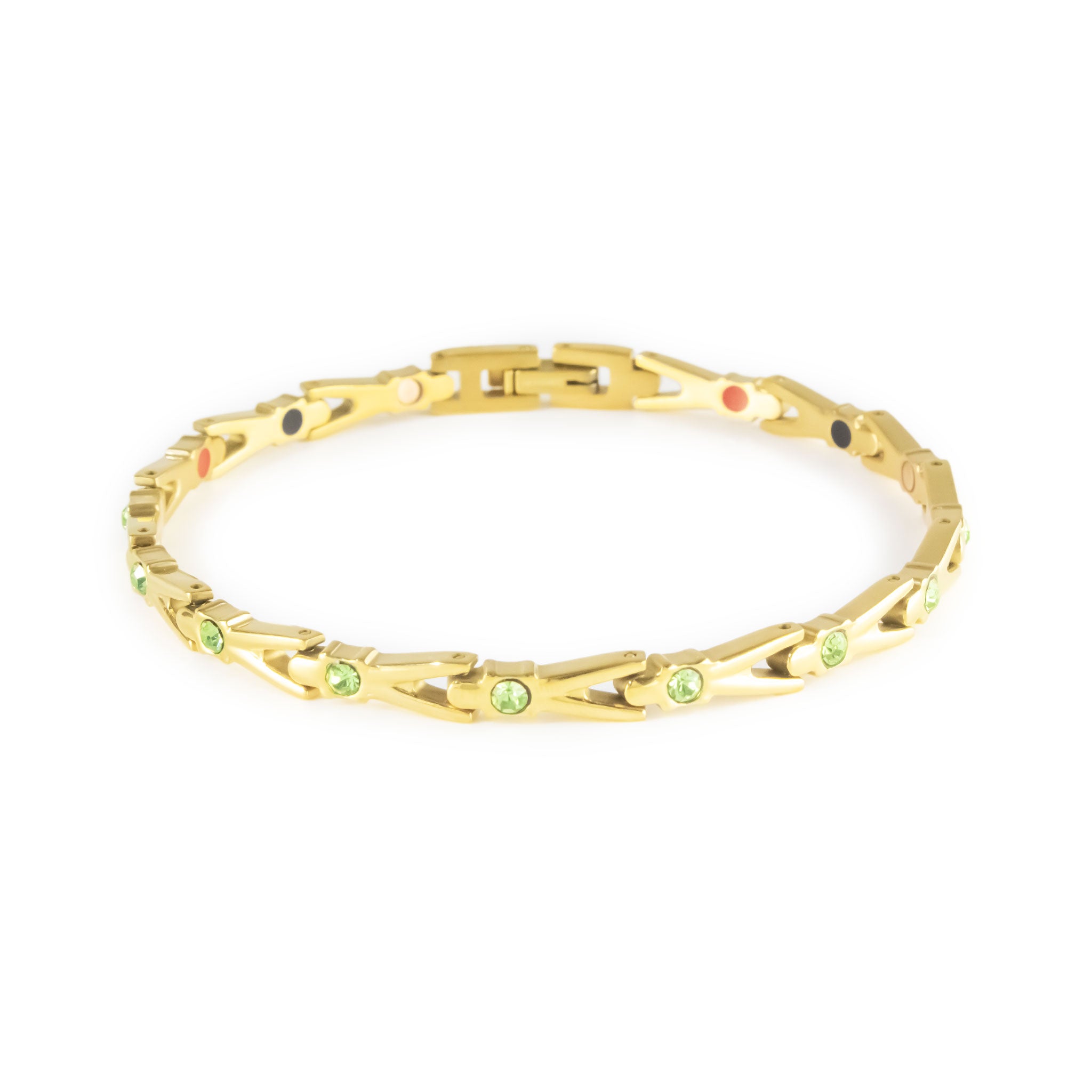 Vitalis gold-plated titanium bracelet with green crystals clasped front view.