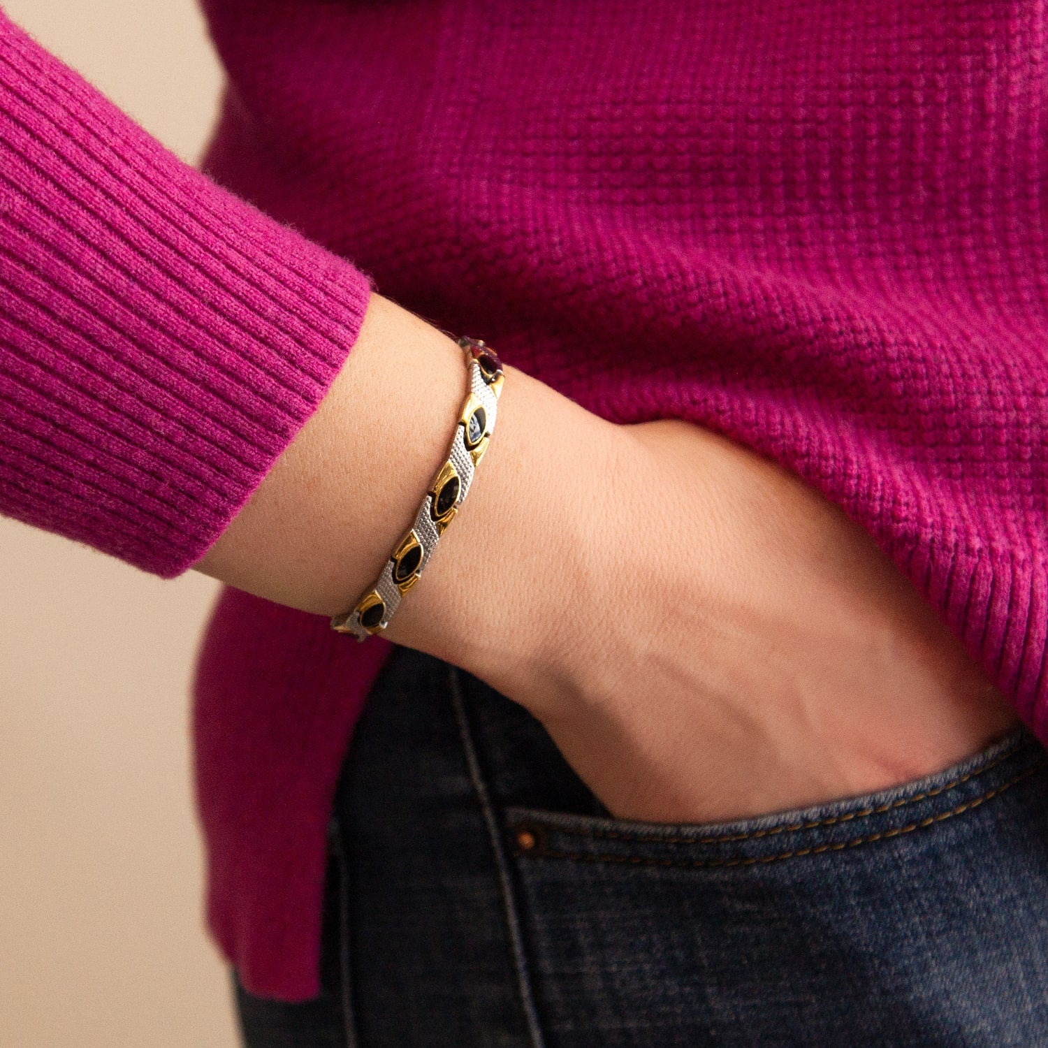 Balance -Titanium Negative Ion Bracelet- Black Onyx, Sterling Silver & Gold Plated