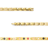 Close-up of Adored gold stainless steel bracelet to display crystal-accented links, polished finish and negative ion elements.