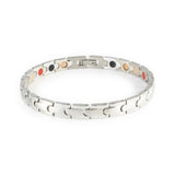 Affinity negative ion bracelet with stainless steel, front clasped view. 