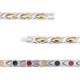 Close-up of Alchemist bracelet highlighting polished X links, polished gold spacers, and single row of embedded negative ion elements.