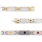 Close-up of Alluring bracelet highlighting matte stainless steel links, polished gold spacers, and embedded negative ion elements.