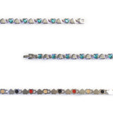 Close-up of Beloved bracelet showing blue Swarovski crystal heart links and polished steel hearts.