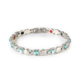 Beloved stainless steel bracelet with blue Swarovski crystals clasped front view, heart-link design.