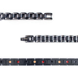 Close-up of Black Knight bracelet highlighting matte and polished black stainless steel links.