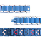 Close-up of Blue Moon bracelet highlighting bold matte blue segments, polished edges, and triple embedded negative ion elements.