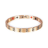 Canyon copper negative ion bracelet clasped front view, slim unisex design with etched bar pattern
