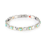Cherish stainless steel and gold bracelet with blue Swarovski crystals clasped front view, heart-link design.