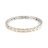 Continuum  negative ion bracelet with stainless steel and rose gold, front clasped view. 