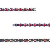 Close-up of Crimson bracelet showing round red crystal links.