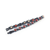Crimson bracelet unclasped and folded to display black steel links with red crystals.