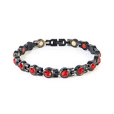 Crimson black stainless steel bracelet with red crystals clasped front view.